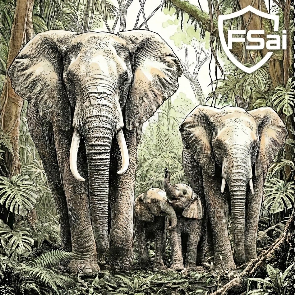 Elephant family in a lush jungle — symbolizing family protection