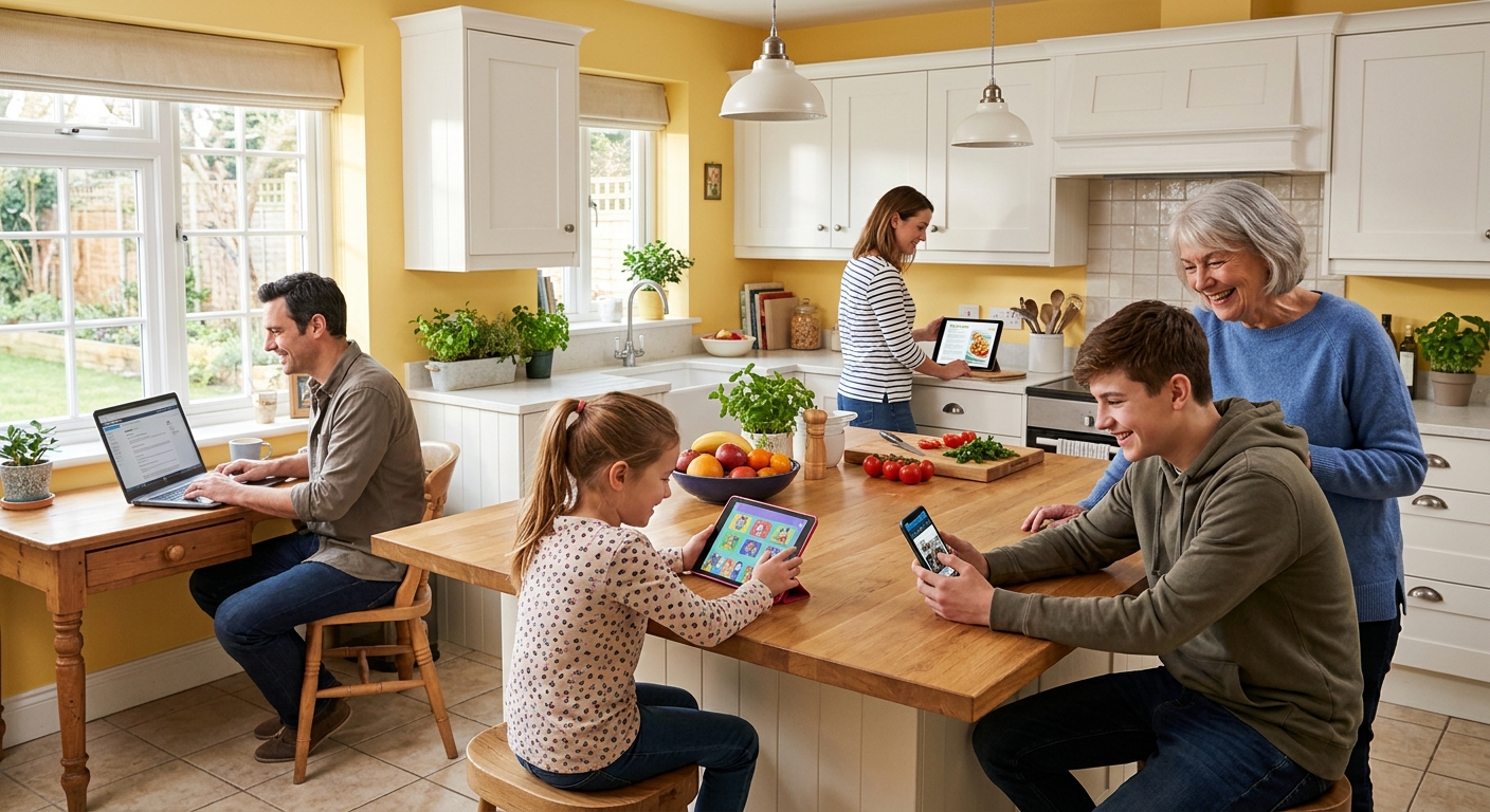 Family using devices together at a bright kitchen table
