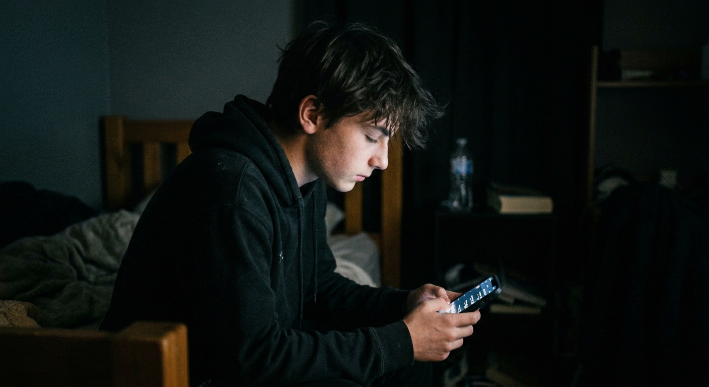 Teen using a phone alone in a dark room