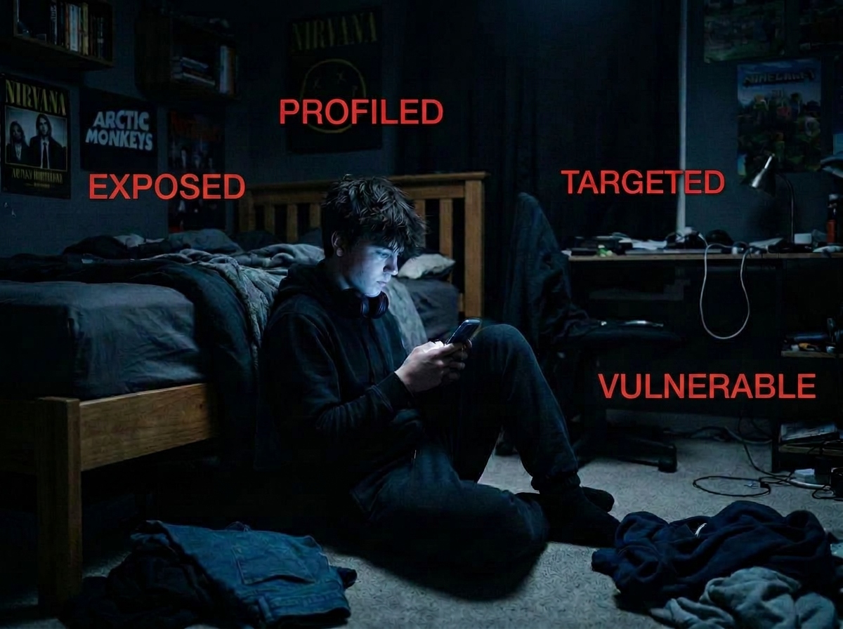 Teenager on a phone at night surrounded by the words profiled, exposed, targeted, vulnerable