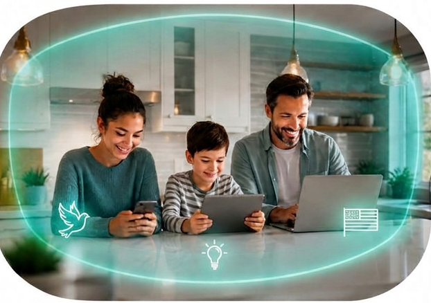 Family safely using devices together at home